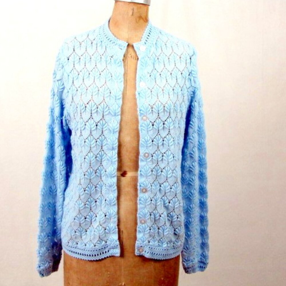 Vintage 70s Blue Sweater Cardigan Lane Bryant Medium Long Rockabilly School Girl